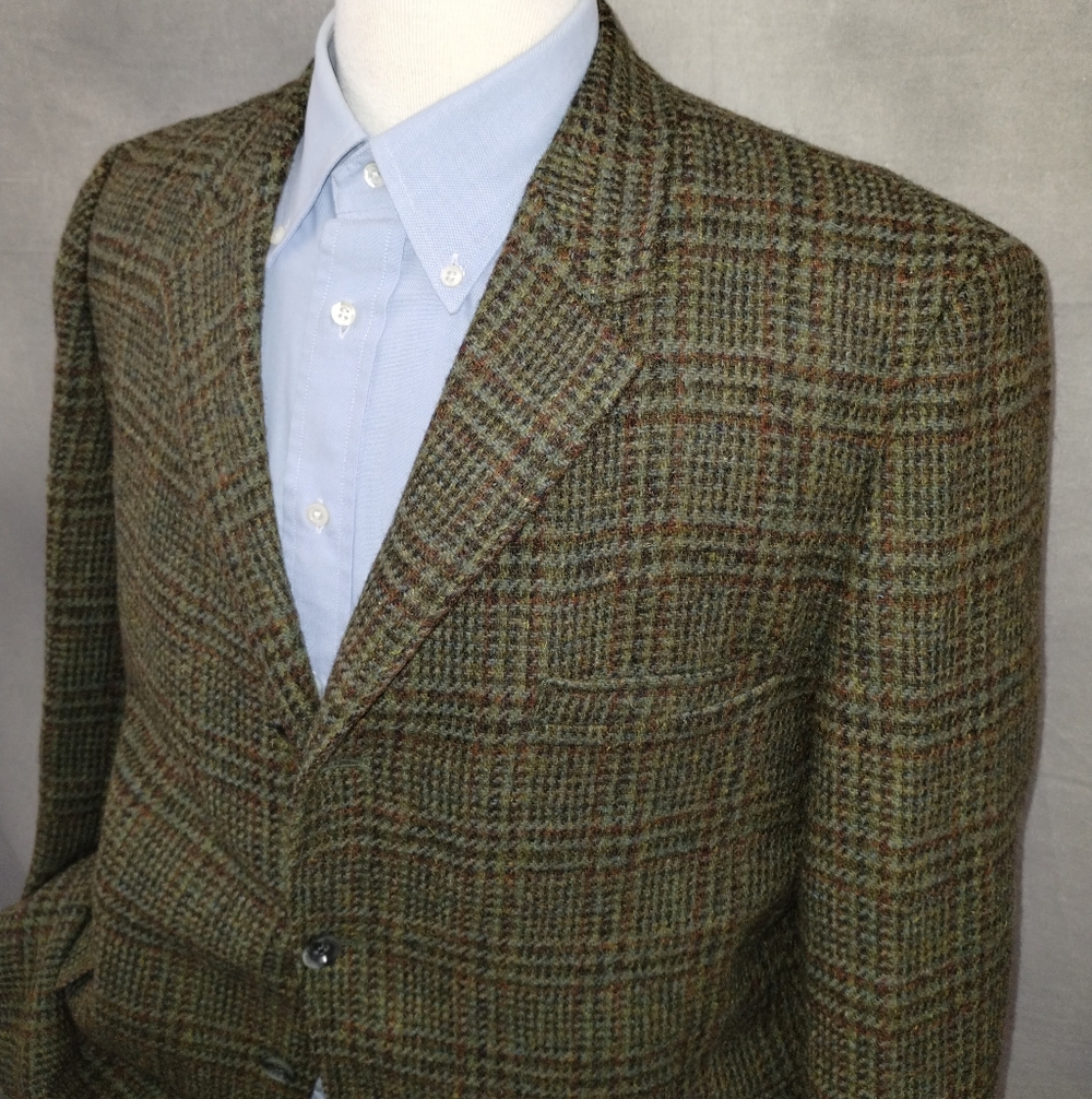 Vintage 1960s Harris Tweed Mens Sport Coat Green Plaid Tweed Jacket Size 42R - Picture 2 of 7